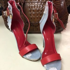 Light denim and red distressed sandal