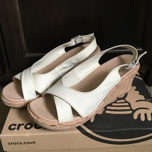 Linen cork wedge sandals by Crocs, size 10.