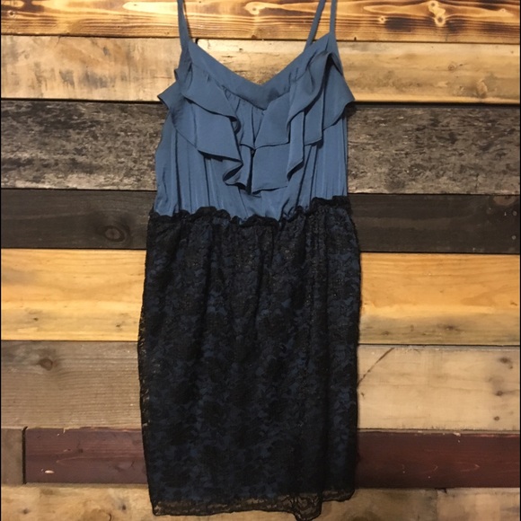 Blue Ruffled & Black Lace Dress - Picture 1 of 3