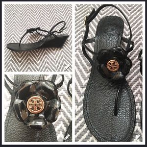 Tory Burch patent black wedge sandal.