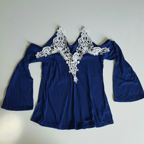 Tops - Royal Blue Cold Shoulder Lace  Blouse