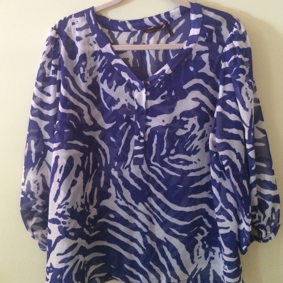 Blue and white sheer animal print top