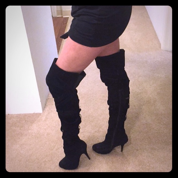 Thigh high black strappy faux suede boots