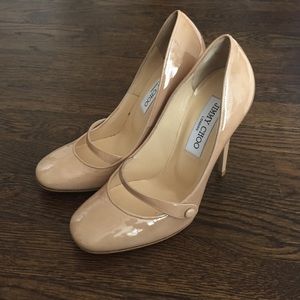 Authentic Jimmy Choo Taffy patent nude heels