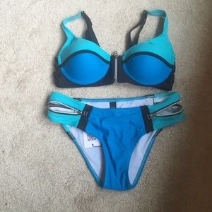 Blue and black bikini with zipper accents