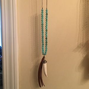 Long Turquoise, Leather and Tooth Necklace