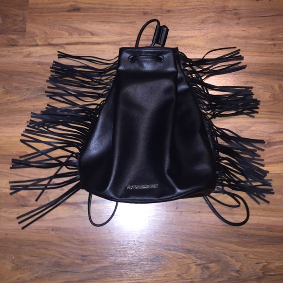 Victoria's Secret Handbags - VS Black Leather Fringe Drawstring Bag