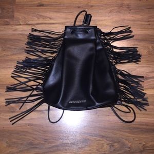 VS Black Leather Fringe Drawstring Bag