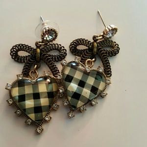 Black plaid bow and diamond drop earrings