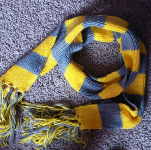 yellow and grey striped knit scarf