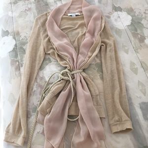 Tan Cardigan with Sheer accents and Braided Belt