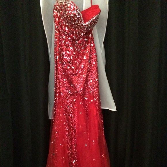 Sequined, red, sparkly, strapless prom dress