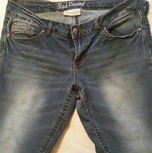 Red camel stretch straight leg jeans