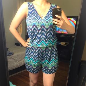 Blue/green boho tribal print romper