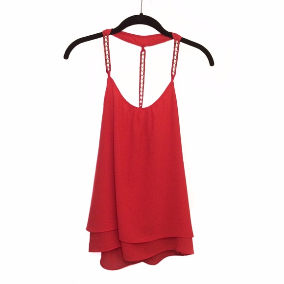 Red tank top with gold chain straps