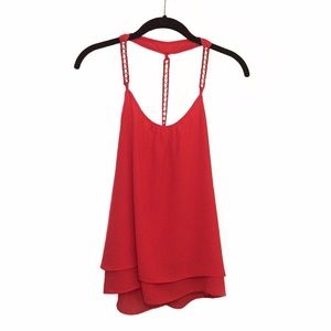 Red tank top with gold chain straps