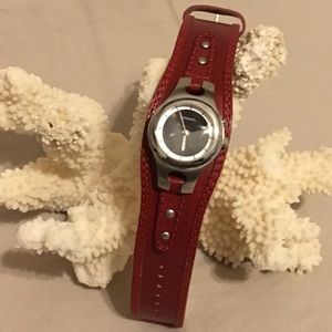 Fossil Red Leather Watch with Black Face