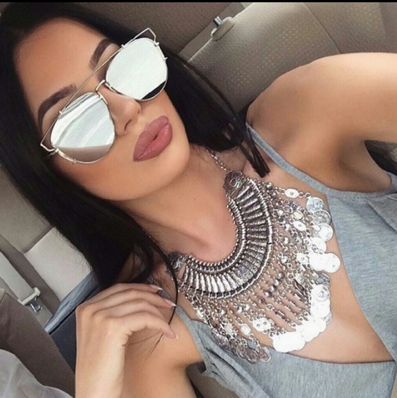 Oversized flat top bar silver mirror sunglasses