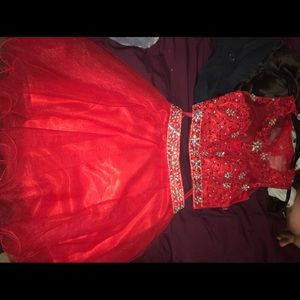 Red, two-piece homecoming dress.