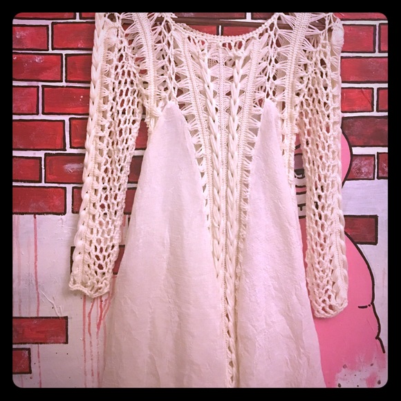 Cream colored long top/dress with crochet detail