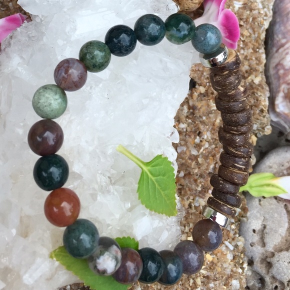 Coconut Shell & Indian Agate Stone Bracelet - Picture 3 of 3