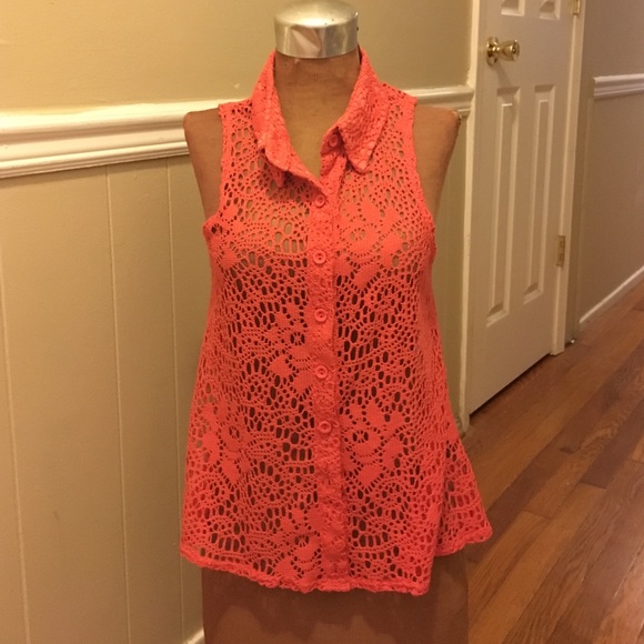 Orange crocheted collared button up tank top