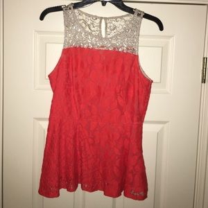 Neon Red/Orange and Silver Lace Top