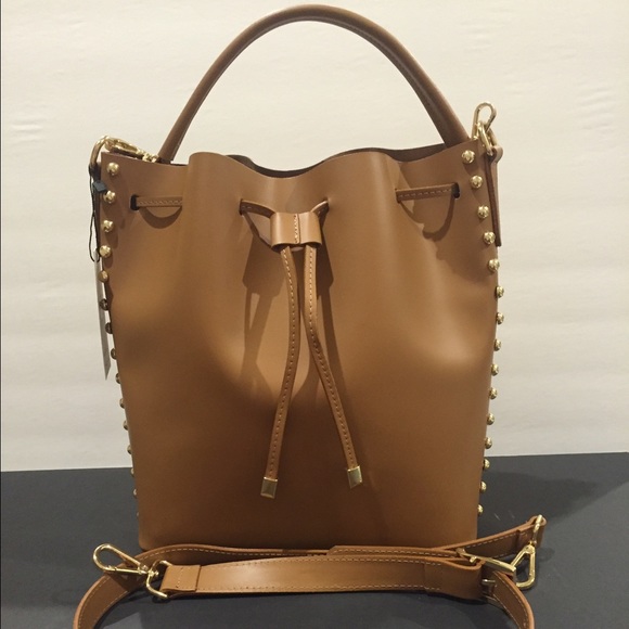 Tan Italian leather drawstring studded bucket