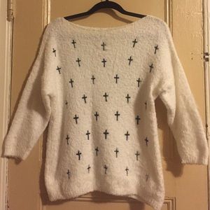 White Fuzzy Sweater with Black Crosses