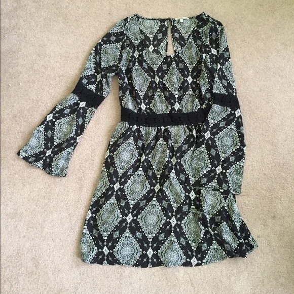 SOLD Black Combo Crochet-Trim Bell Sleeve Dress - Picture 2 of 2