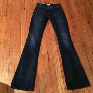 Hudson dark blue extreme boot cut stretch jeans.