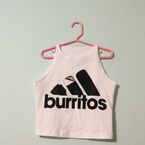 Graphic white crop top with adidas logo parody