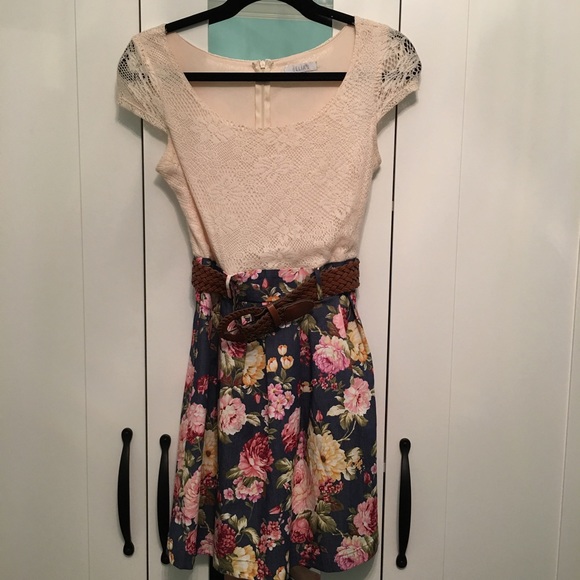 Crochet and floral dress with belt