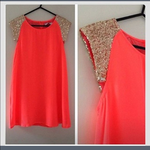 Bright orange Mini dress w/ Gold Sequins - Picture 4 of 4