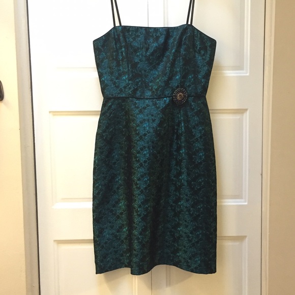 Teal & black strapless cocktail dress