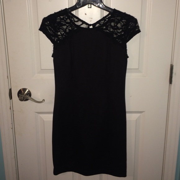 Black slim dress with lace shoulders