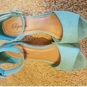 Aqua Cork Wedges with Ankle Strap