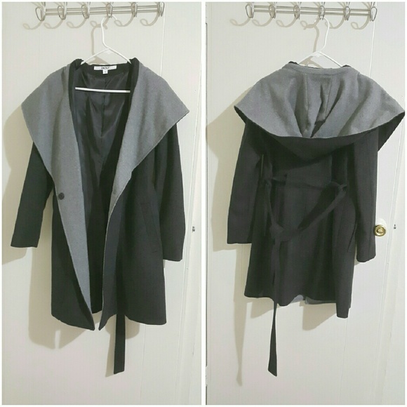 DKNY two-tone charcoal hooded belted wrap coat