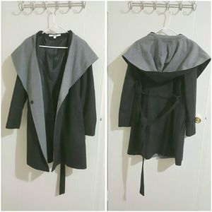 DKNY two-tone charcoal hooded belted wrap coat