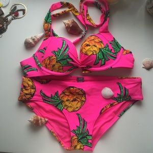 Aerie pink pineapple print halter bikini set