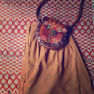Hand painted brown leather mini purse from Mexico