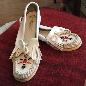 New white, fringed, beaded moccasins