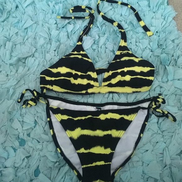 Roxy Two Piece bikini. Black & neon yellow tie dye