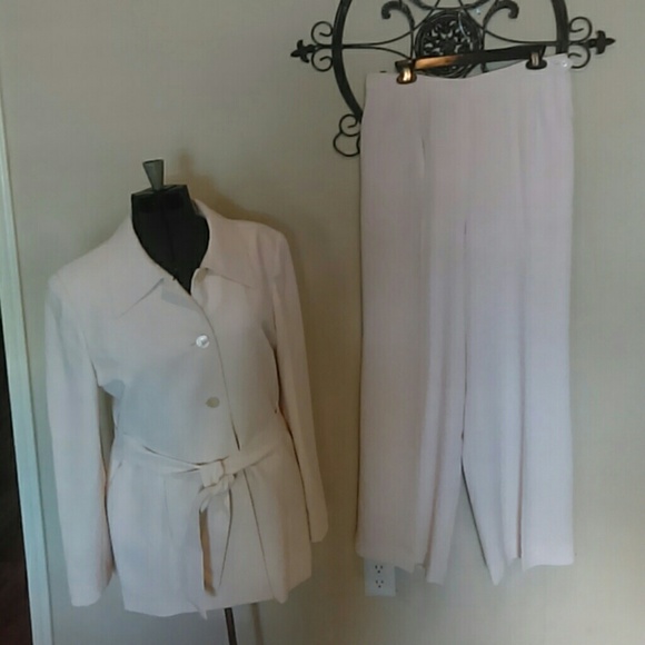 Cream colored belted pants suit