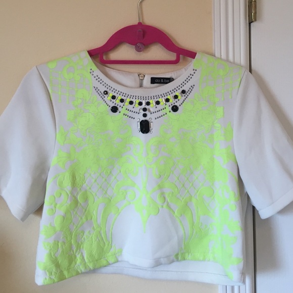 White and Neon Green Crop Top w/ beaded detailing