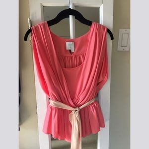 Anthropologie pink blouse with beige ribbon belt