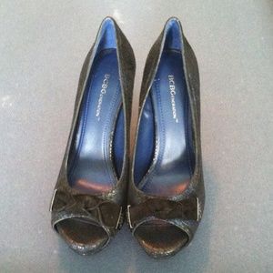 Blue and black open toe heels