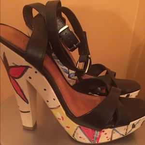 Black Graffiti wooden platform heels
