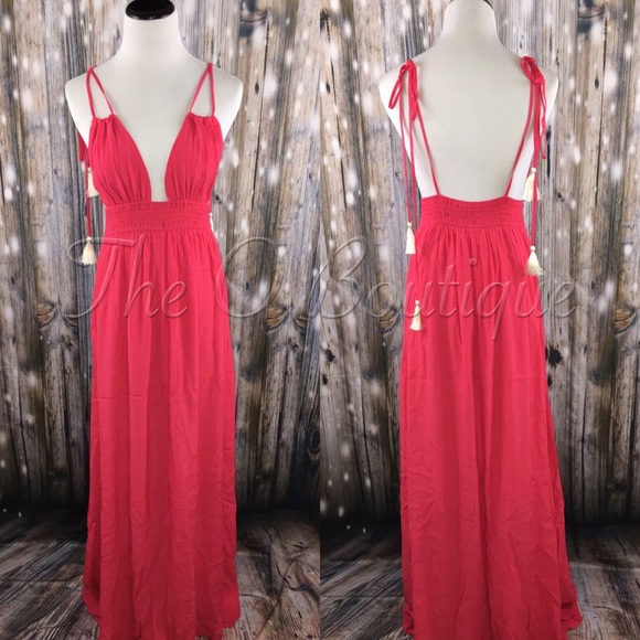 Coral Hot Pink Spaghetti Strap Maxi Dress - Picture 2 of 2
