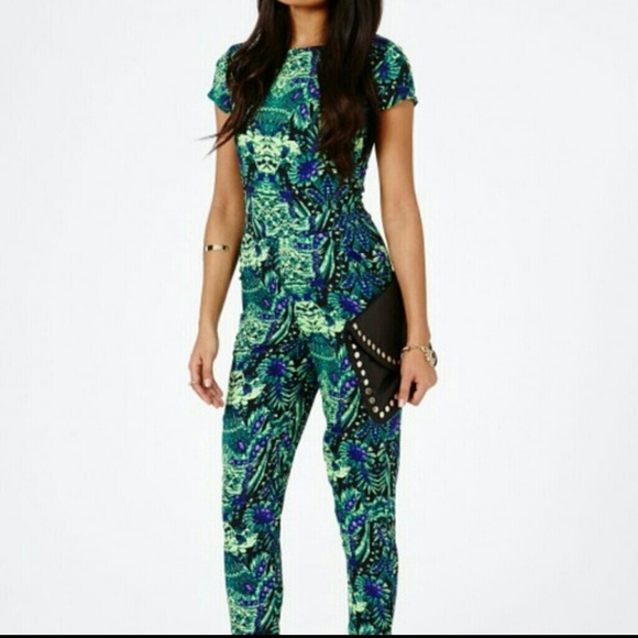 Missguided Green Tropical Print Jumpsuit UK8/US4